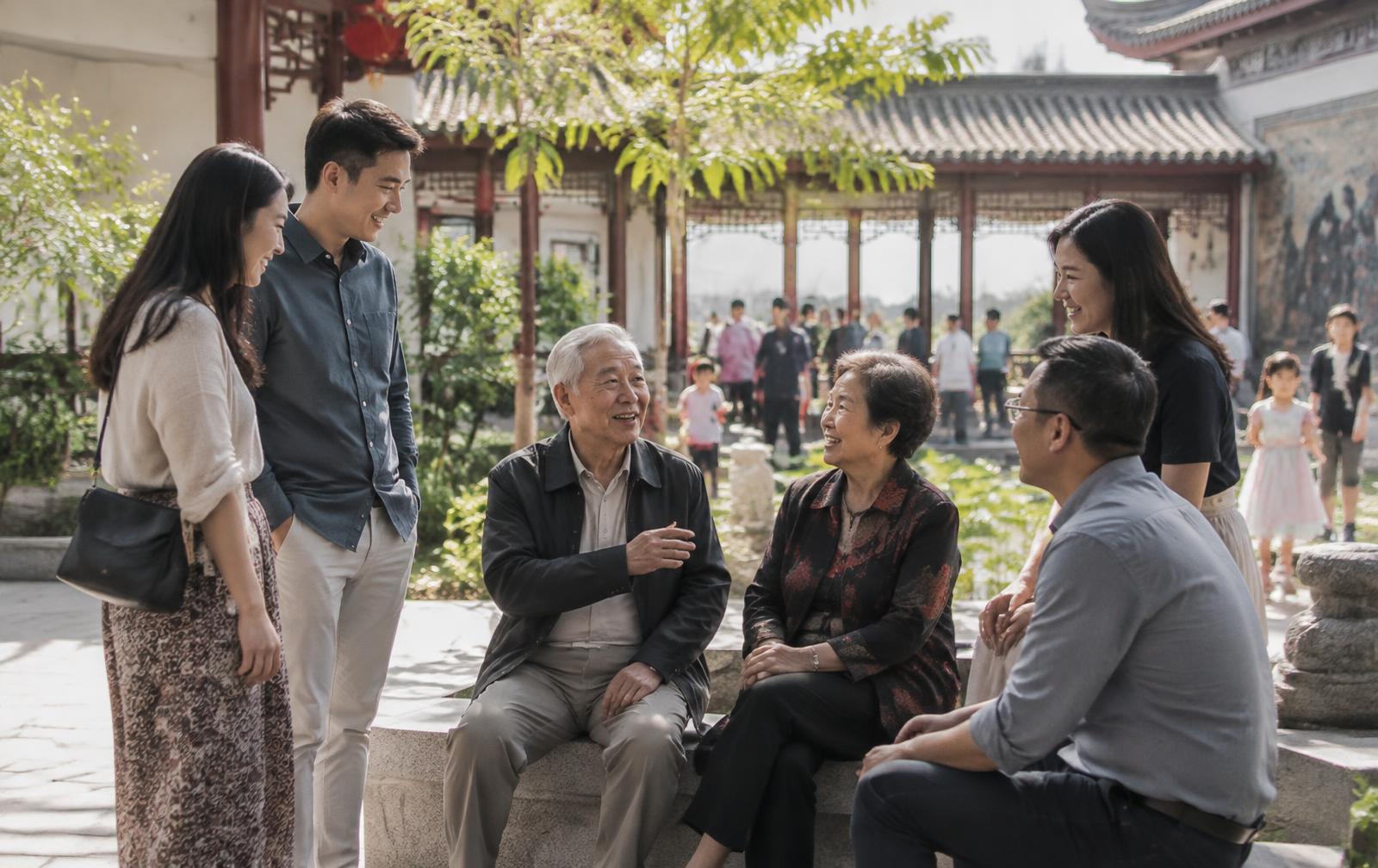 A multi-generational Asian family gathering at a Southern California cultural center