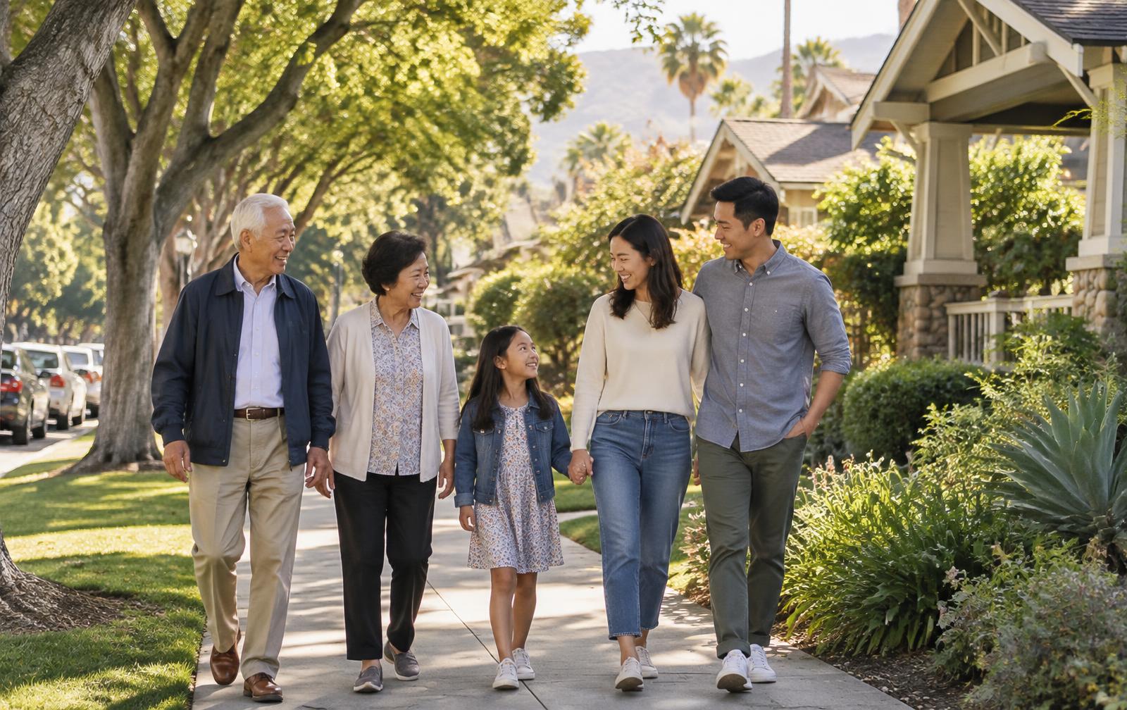 A multi-generational Asian family walking together on a Pasadena neighborhood street