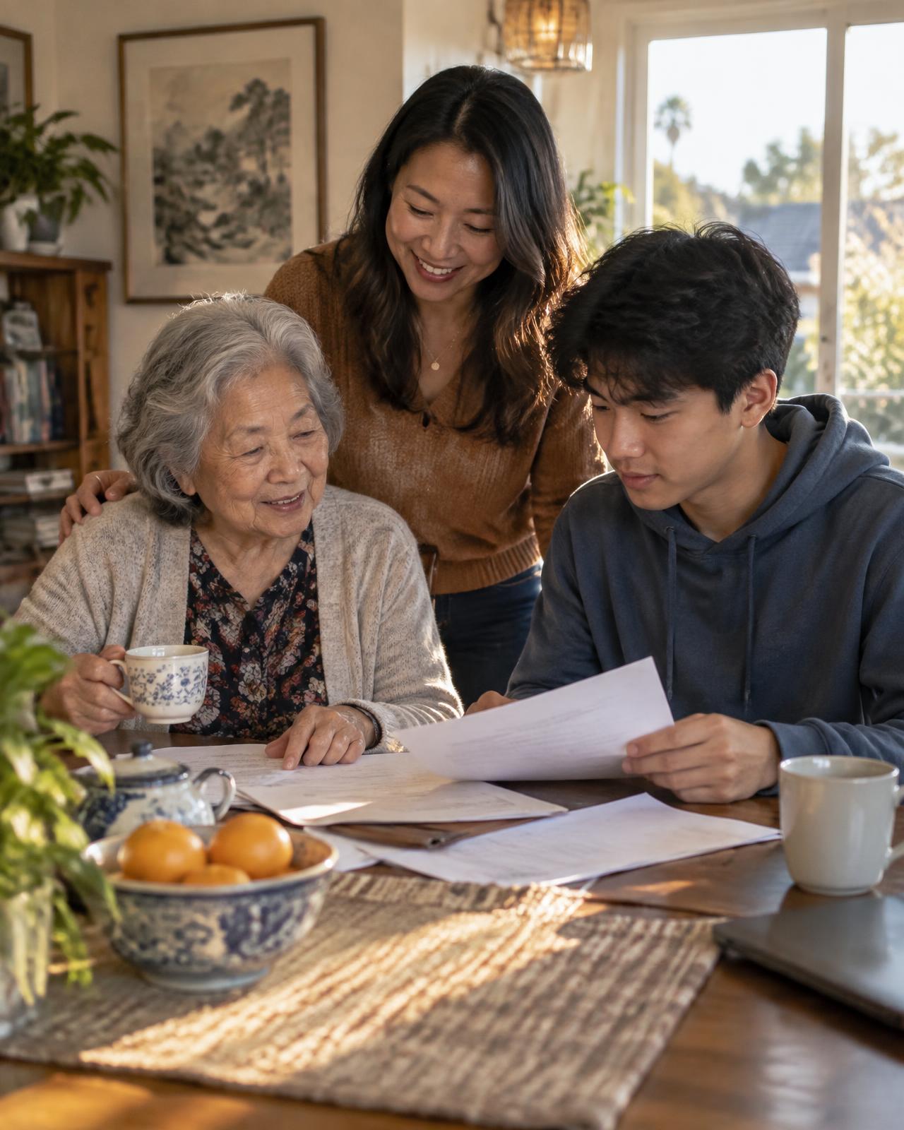 Three generations of a Chinese American family reviewing home documents together